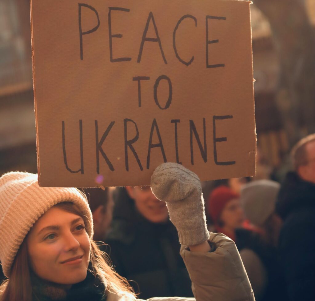 A woman participates in a peaceful protest for Ukraine in Gothenburg, Sweden.